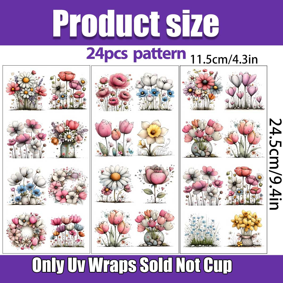 TEMU UV-Transferaufkleber 24 Stück Aquarell Frische Blumendesign, - Geeignet für Bastelarbeiten, Tassen, Wasserflaschen, Selbstklebende Kunststoff SG