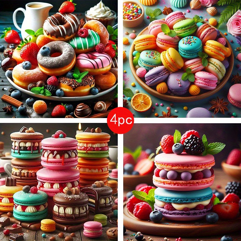 TEMU 4pcs Set 5d Diy Food Theme Diamond Painting Kit Diamond Full Diamond Handmade Diamond Painting Macarons Stitch Full Diamond Shiny Diamond