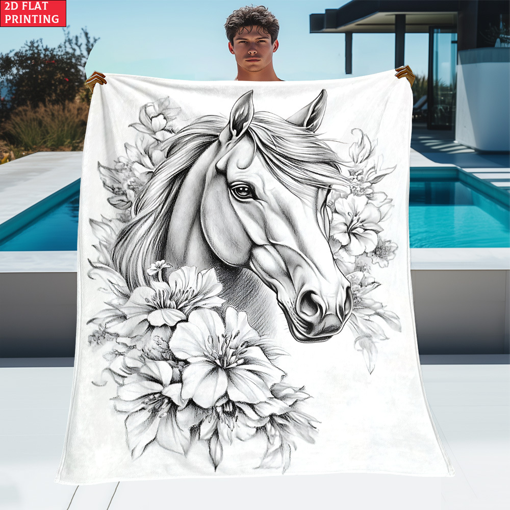 TEMU 1pc A Lightweight Outdoor Blanket Featuring A 2d Flat Flower Horse Coloring Design, Home Decor, Travel, Camping, And Use In Living Rooms,