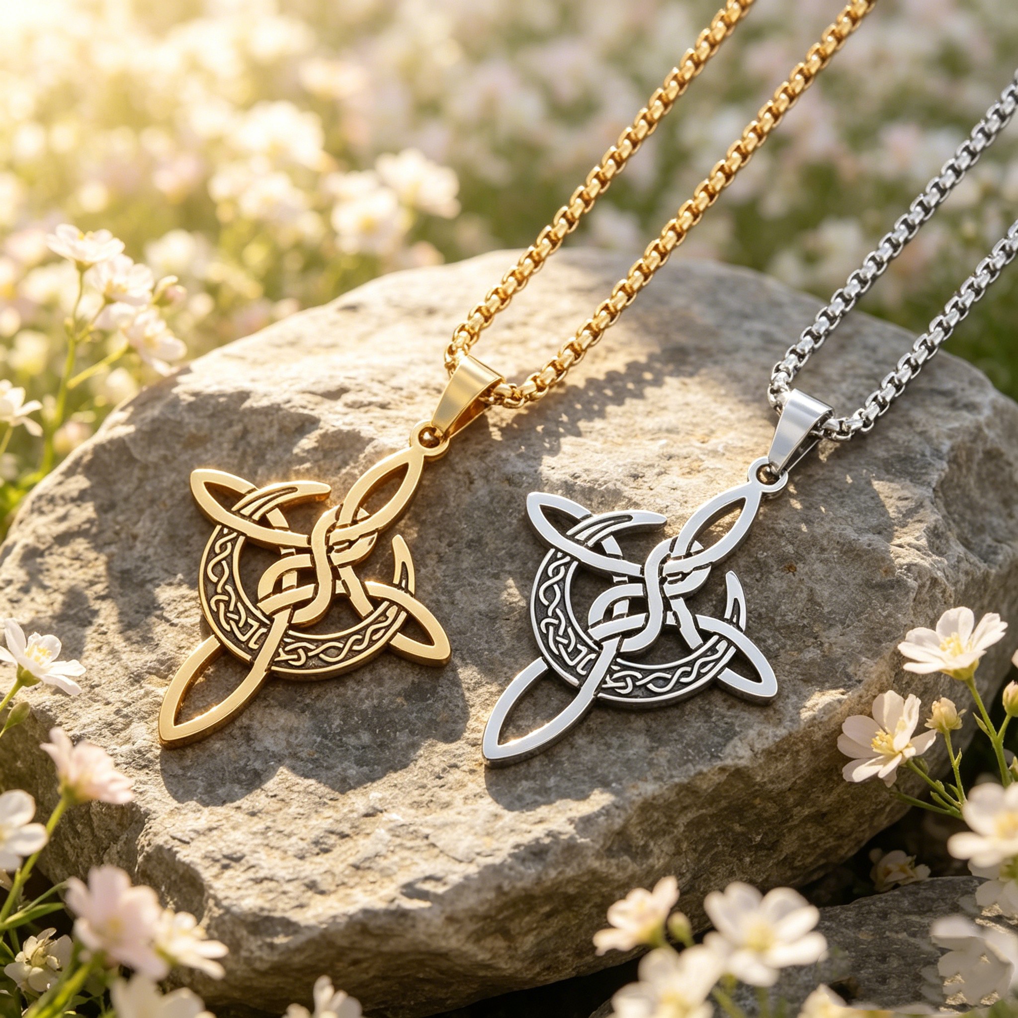 Unisex Irish Celtic Moon Witch Knot Pendant Necklace