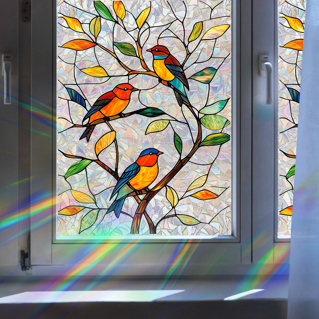 TEMU 1pc Of Stained Glass-style Floral And Bird Electrostatic Cling Sticker. Adhesive-free, Self-adhesive, And Removable. Suitable For Room Decor,