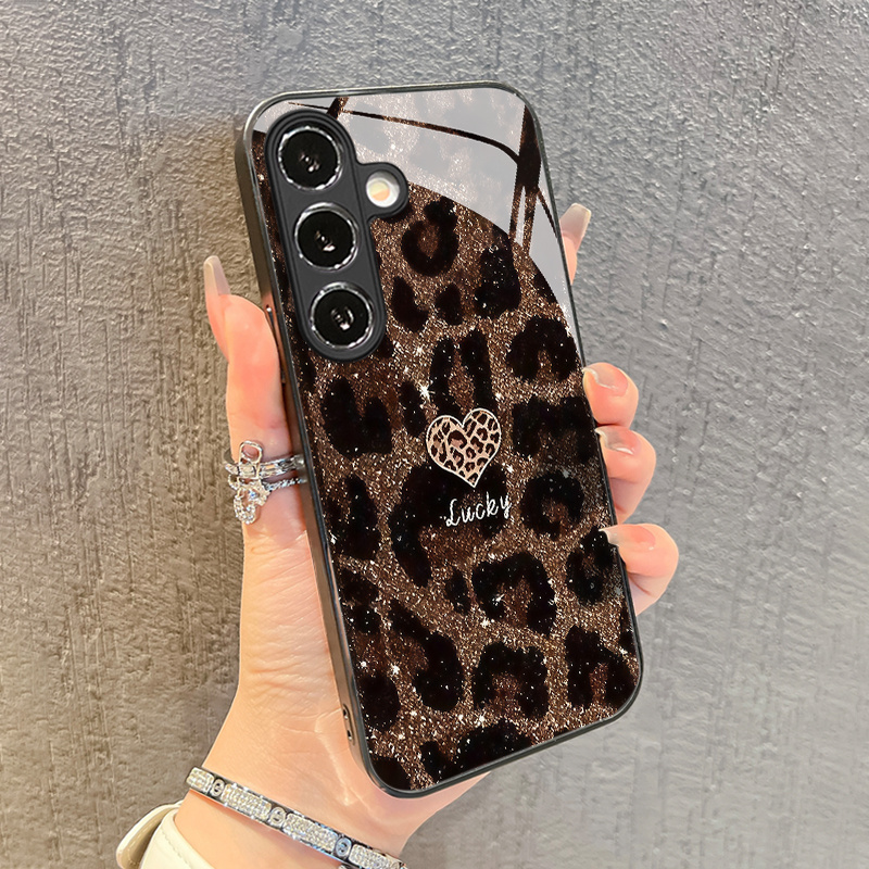 TEMU Phone Case - Fashionable Love Heart Leopard Print Glass Phone Case For Galaxy
