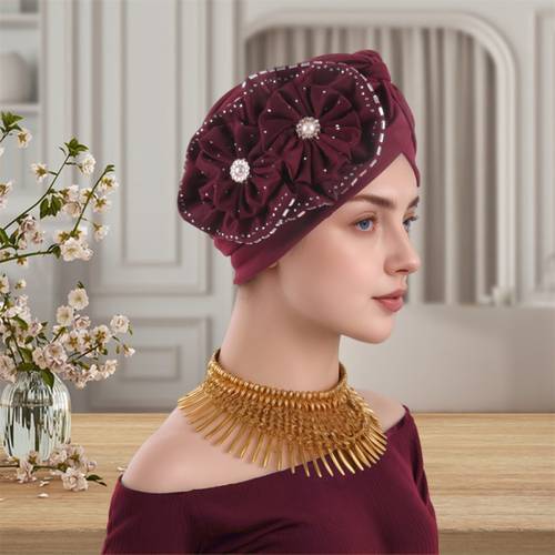 womens turban hat elegant floral knotted head scarf with sparkling embellishments lightweight elastic for weddings parties formal events stylish head protection elegant hair accessory decorative headwrap hair scarf