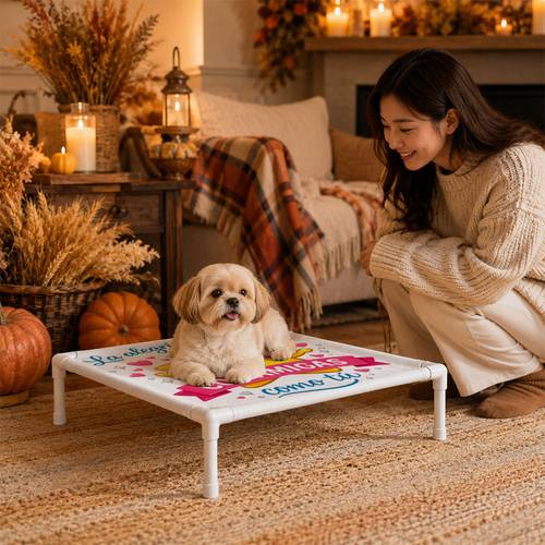 puppy resting bed white pvc frame with polyester cushioning fabric elevated design and charm cute printed suitable for placement graduation season moving halloween black friday christmas