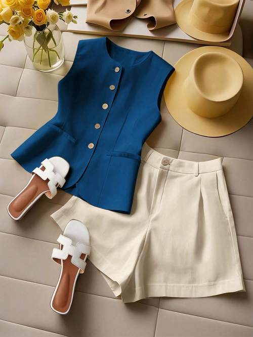 womens european and spring summer multi color two piece vest and shorts set with pockets t02