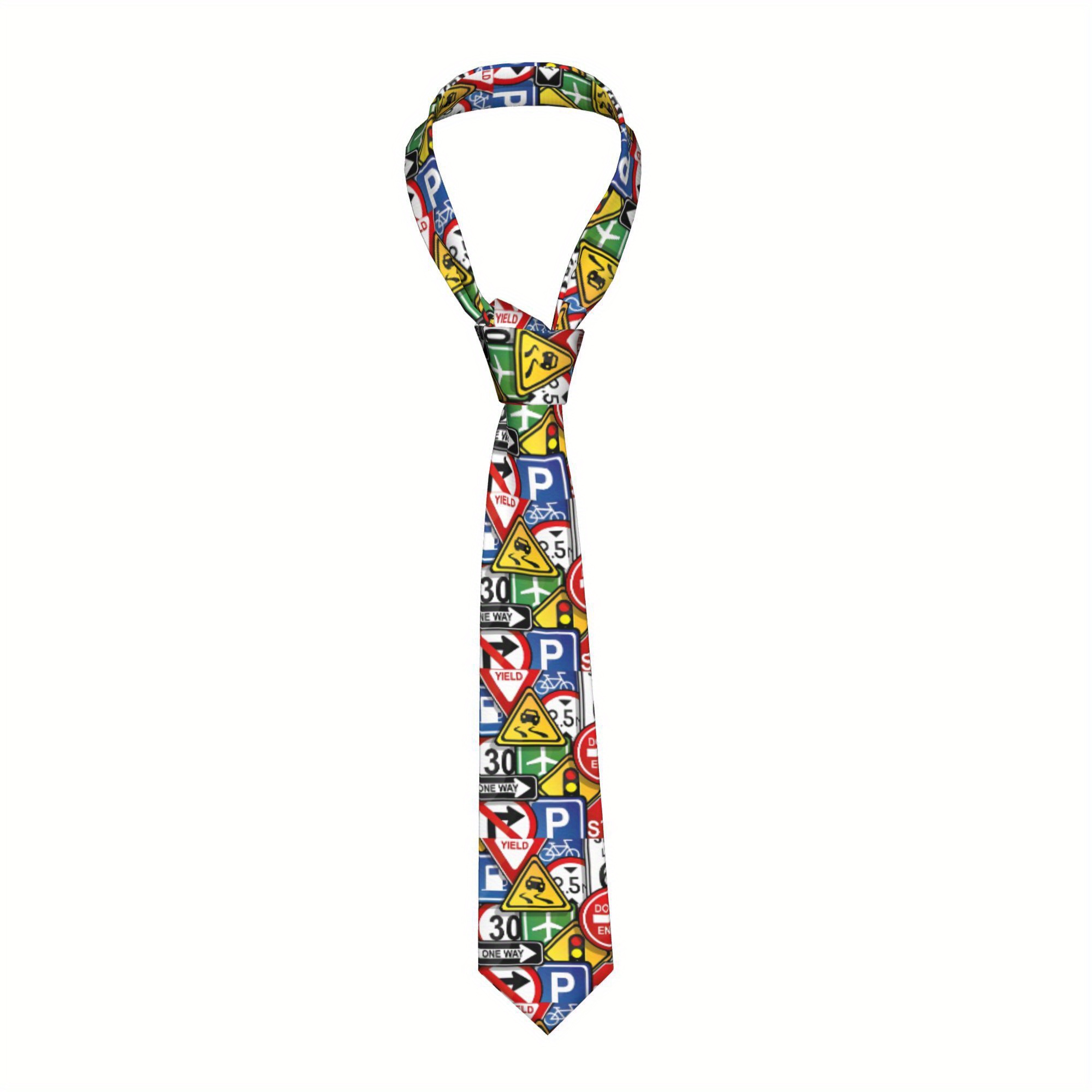 TEMU 2d Print Design Collage Road Signs Men's Necktie Perfect For Parties And Casual Attire Accessory Novelty Tie Fun Gift
