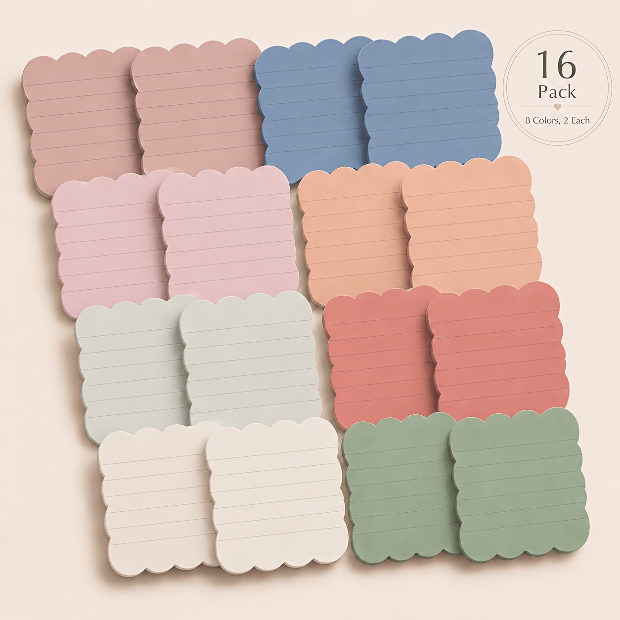 TEMU Cute Vintage Pastel Wavy Lined Sticky Note Pads For School, 16 Pads Scalloped Sticky Notes, 3"x3", Adhesive Memo Notes For Back To School