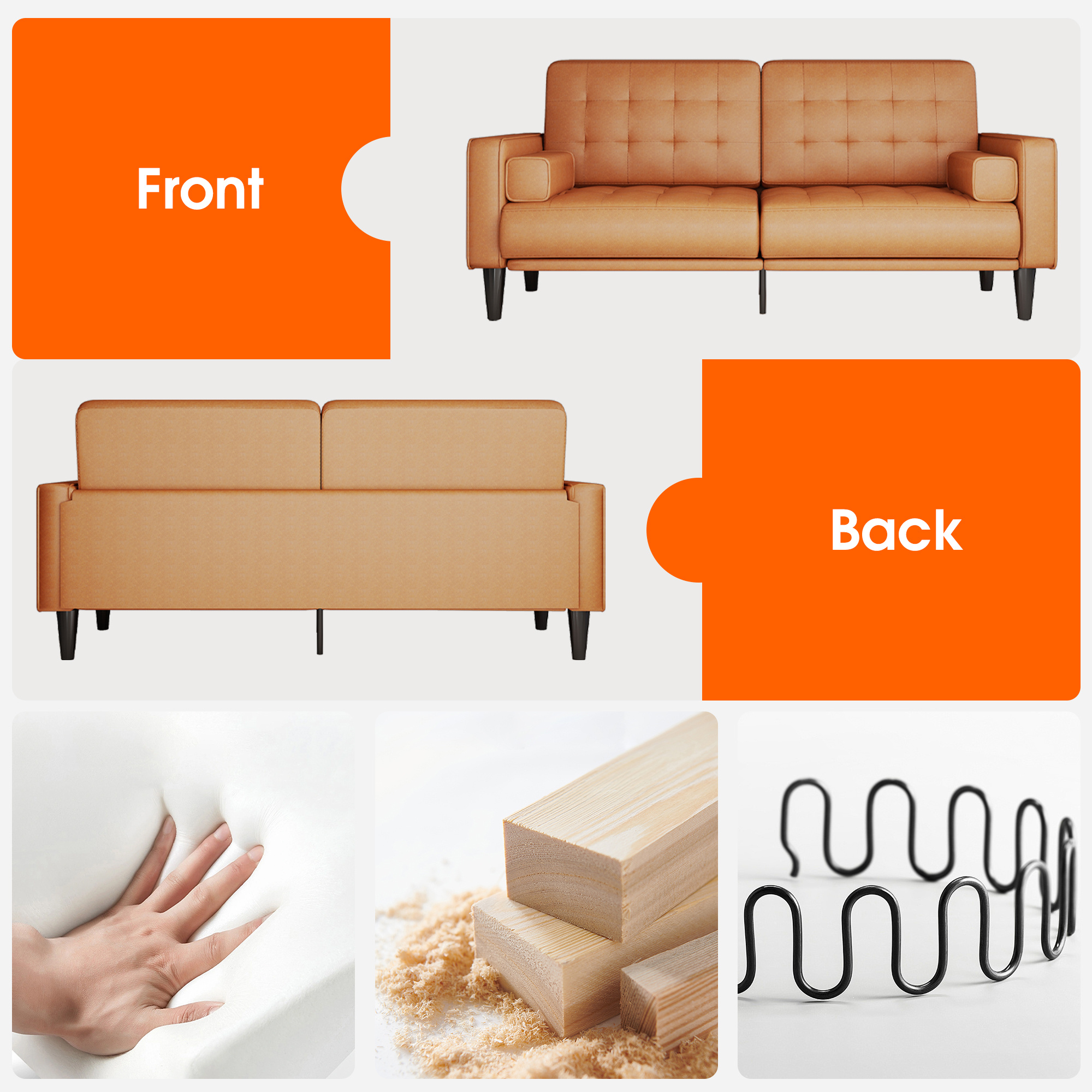 70inch Mid-Century Modern Couch, Breathable Faux Leather Couch with Upholstered Cushions/Pillows, Metal Decorative Legs. Combines Comfort And Durability, for Living Rooms/Offices, Convenient And Practical, Easy to Assemble.