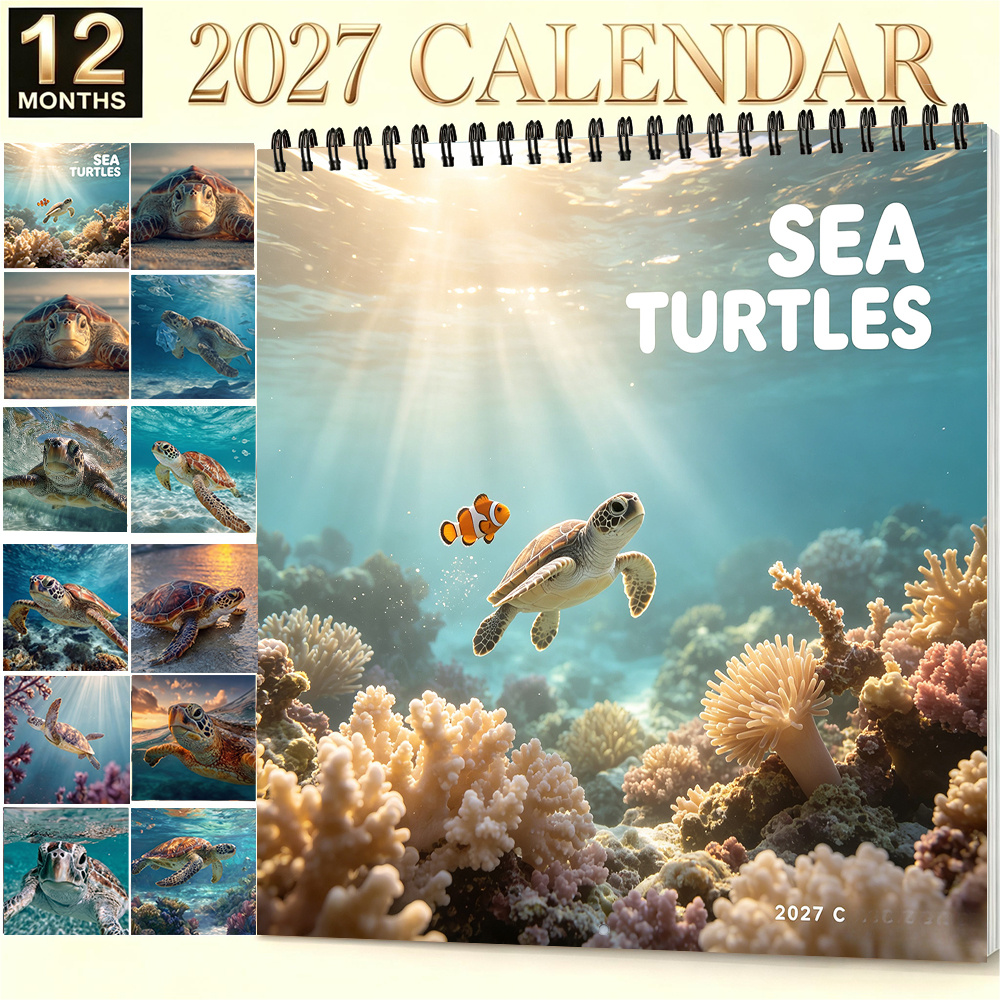 TEMU 1pc, 8.3x8.3 Inch Sea Turtle Themed Calendar Underwater Scenery Calendar 2027 Monthly Planner Wall Hanging Calendar Home Office Classroom Decor