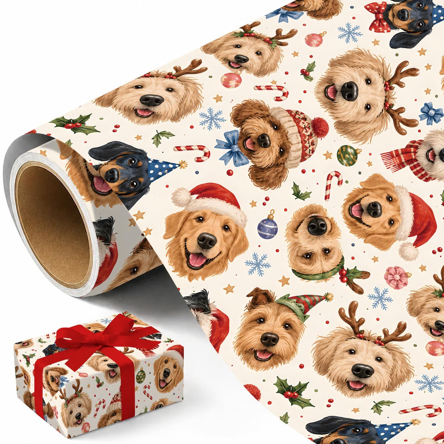 TEMU Rouleau de de Noël pour chien - 17.7 X 118 pouces, pour cadeaux de fêtes avec chapeaux de Père Noël, et motif de de neige pour cadeaux de Noël,