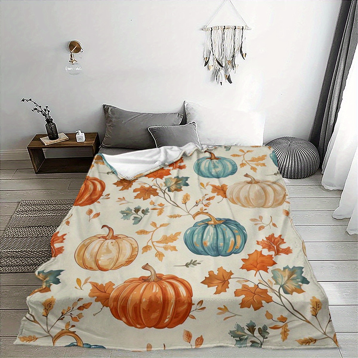 TEMU 1pc Couverture en Flanelle Thème Automne Citrouille & Feuille - Douce, légère et chaude, adaptée à toutes - Idéale pour le lit, le canapé, , le