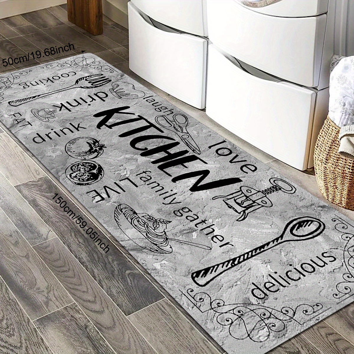 1pc Kitchen Mat, Scandinavian Gray Kitchen Tableware Elements Pattern Print Mat, Polyester Non-slip Floor Mat, Indoor Outdoor Entrance Floor Door Mat Kitchen Mat Foot Mat