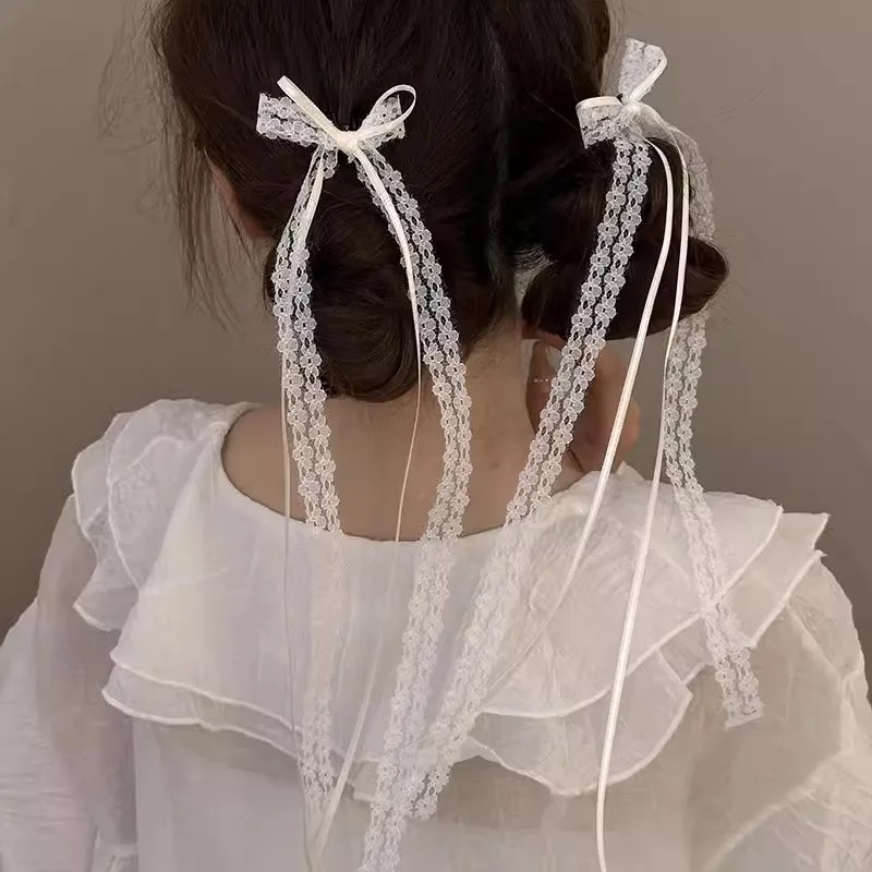 Set of 2 Lace Bows Hair Clips White NEW 2 Simple Elegant Handmade White Lace Bows: Cottagecore Hair  main image 4
