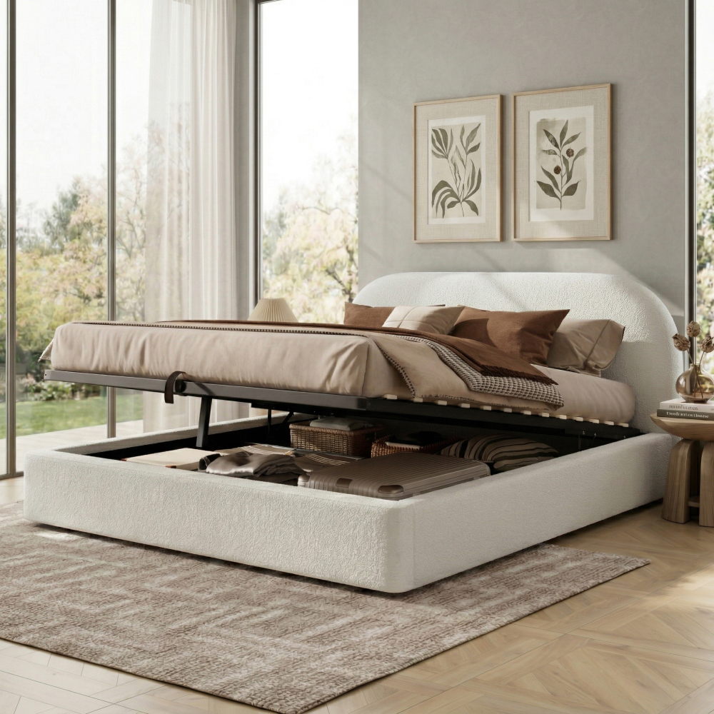 Bed Frame, Bed, Double Bed (223*180*99cm), Equipped With Hydraulic Storage Function, Slatted Frame And Spacious Storage Space; Made Of Beige Comfortable Fabric.