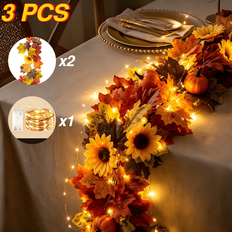 TEMU 3pcs(2pcs Leaf Garland + Led Light Strip) Fall Artificial Maple Leaf Pumpkin With Wreath For Autumn Door Decor Wedding Table Centerpiece Rustic