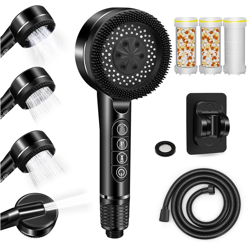 1 Set High Pressure Handheld Shower Head With Hose, 4 Mode Adjustable Water- Jet Spray, Complete Bathroom Set With 3 Filters And Shower Holder - Chrome For Shower Use