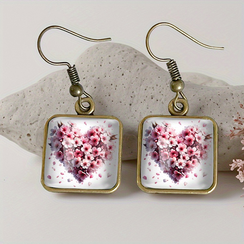 TEMU 1 Pair Heart Cherry Petals Square Earring Retro Glass Dangle Earrings Handmade Jewelry Gift