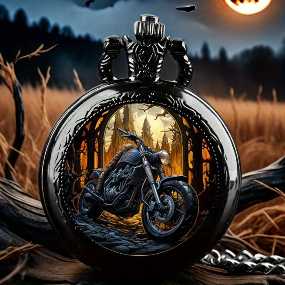 TEMU Elegant Black Necklace Pocket Watch, Motorcycle Creative Dressing Watch, Vintage Jewelry, Unique New Year Christmas Birthday Gift