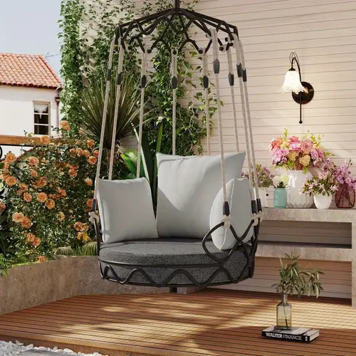 outdoor porch swing chair with uv resistant gray fabric 300lb capacity 8 thick cushion durable nylon rope hanging basket chair for patio balcony porch easy 15 min assembly outdoor chair cushions
