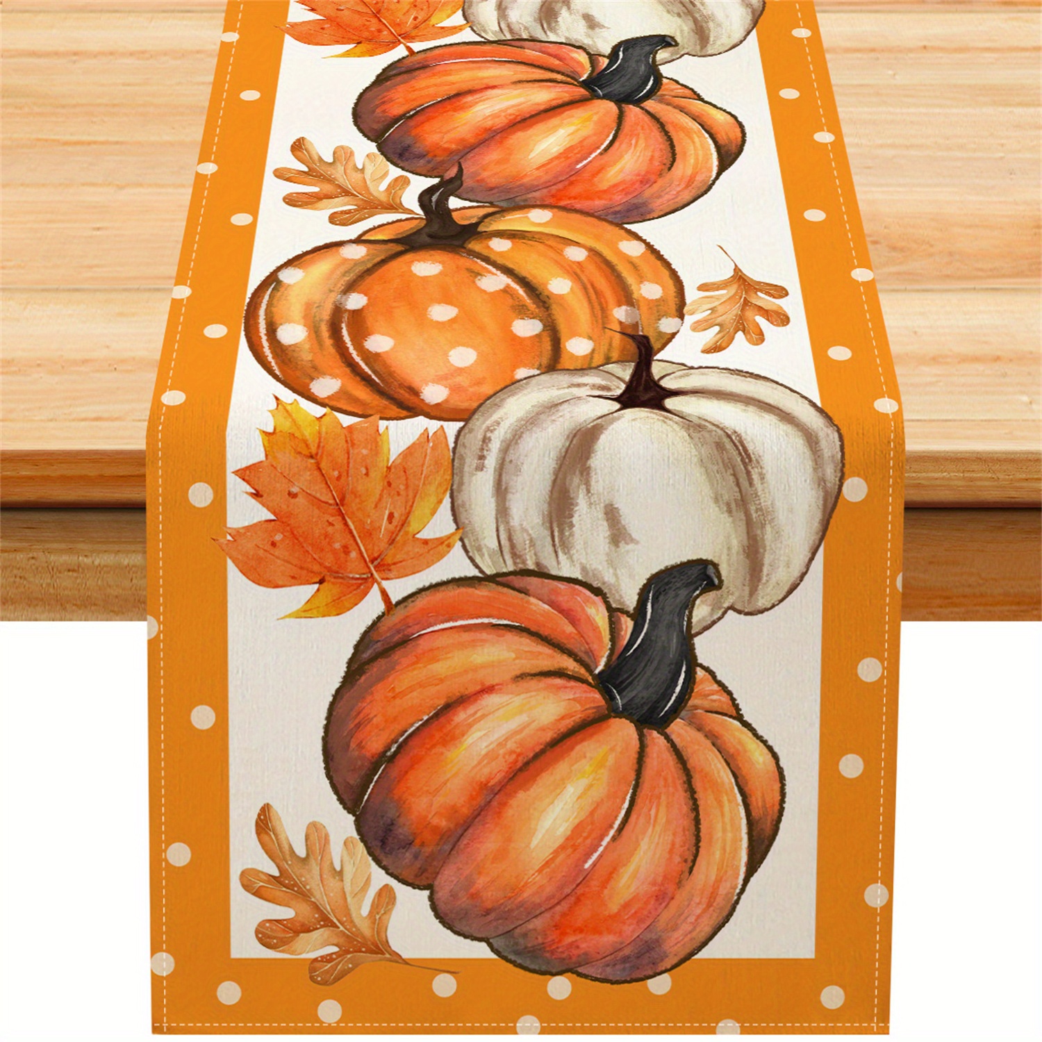 TEMU 1pc White Polka Dot Pumpkin Maple Leaf Table Runner Farmhouse Fall Thanksgiving Day Decor For Party Kitchen Dining Home Tablecover Decorations