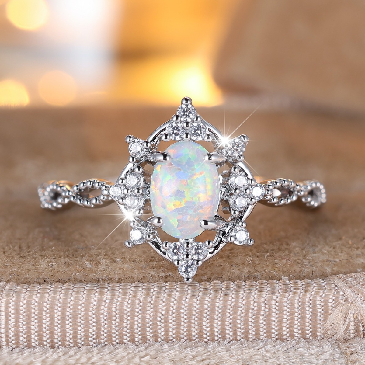 Women's Vintage Botanical Ring with Oval Synthetic Opal