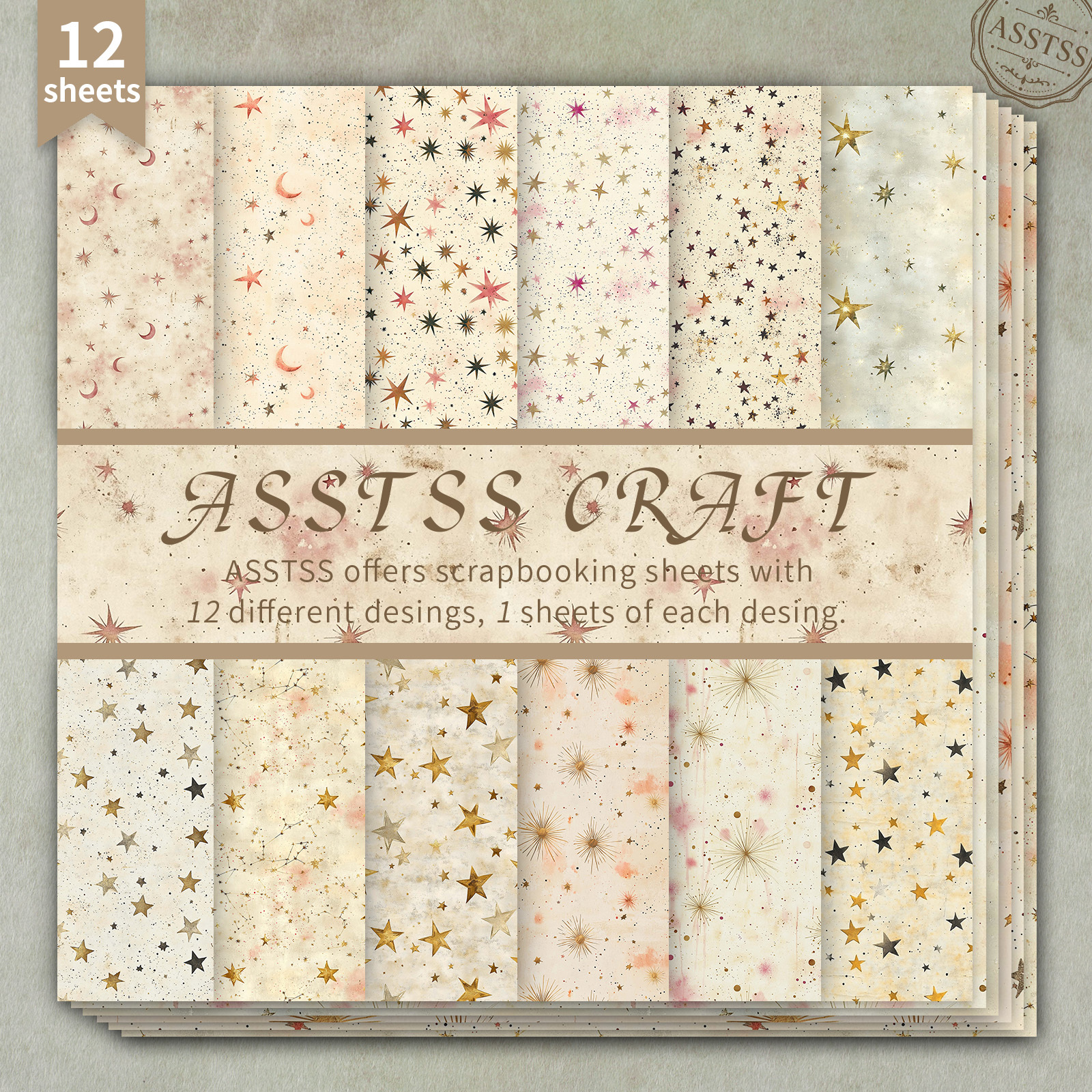 TEMU Lot de 12 feuilles de papier scrapbooking ASSTSS de 6X6 pouces, papier de base de style vintage aux chauds avec motif d' et de constellations,