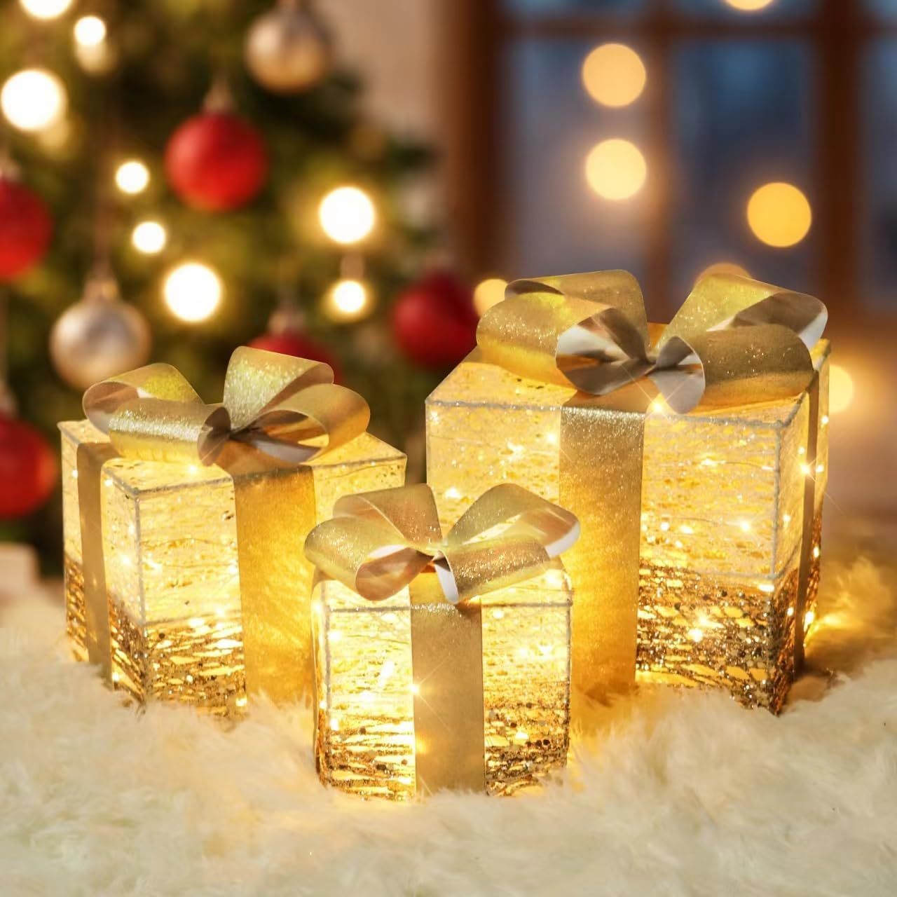 

Set Of 3 Lighted Christmas Gift Boxes With Bows - Pre-lit Present Boxes For Tree Decoration, Outdoor Holiday Ornaments, Room Decor