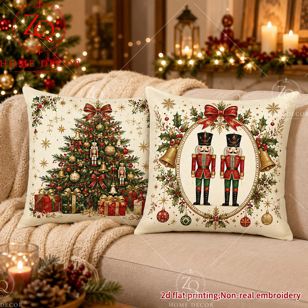 TEMU 2d Flat - 2d Printing 2pcs Retro Christmas Style Christmas Tree Nutcracker Bow Bell Decorative Home Pillowcases Suitable For Living Room, Sofa,