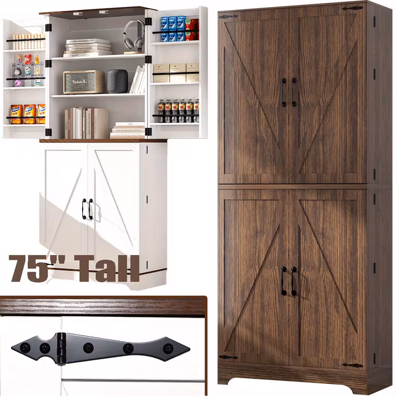 Farmhouse Tall Pantry Storage Cabinet - Freestanding Wood Cabinet with Adjustable Shelves, Brown