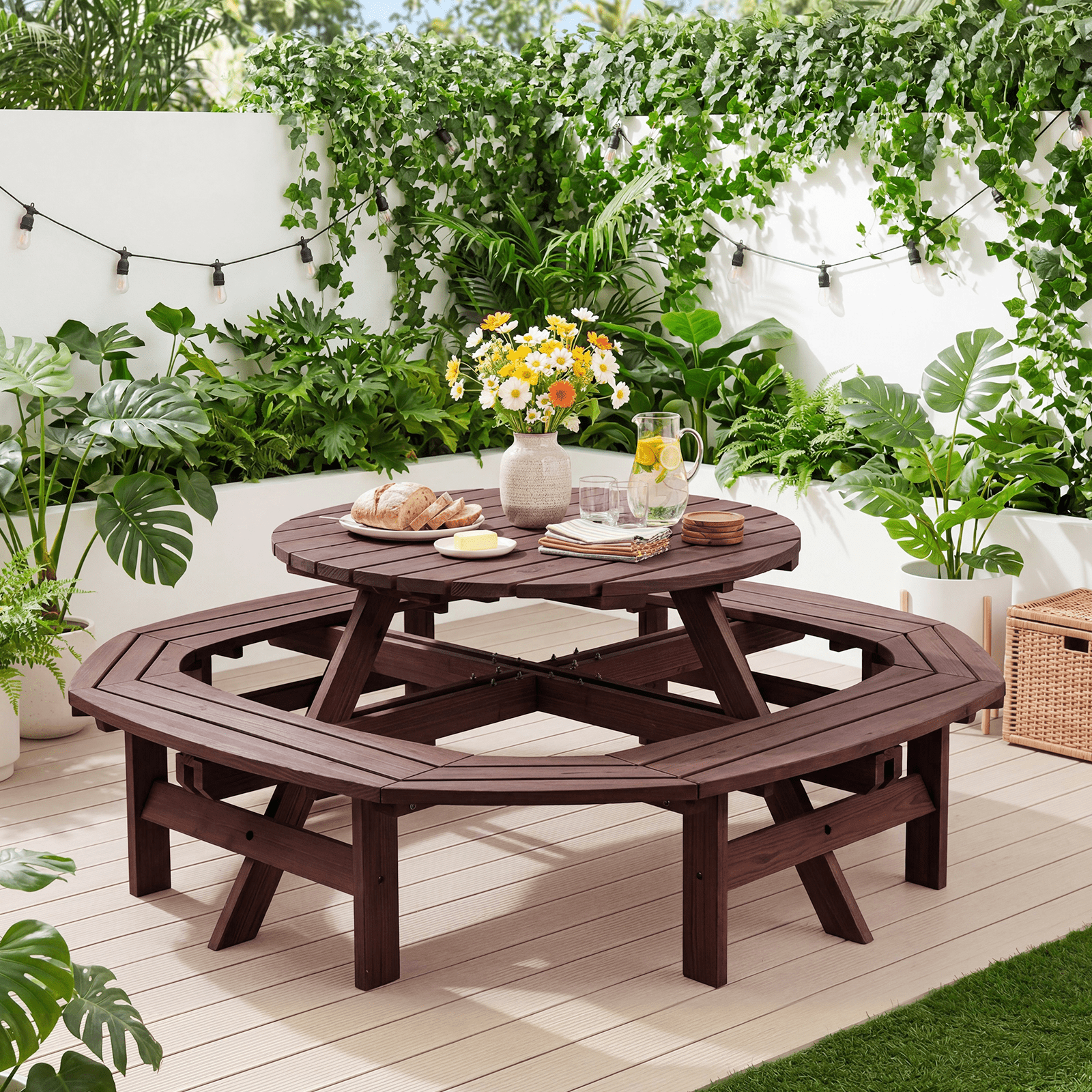 8-Person Round Wooden Picnic Table with Umbrella Hole, Wood Outdoor Dining Set with 4 Built-In Benches for Garden, Patio And Backyard