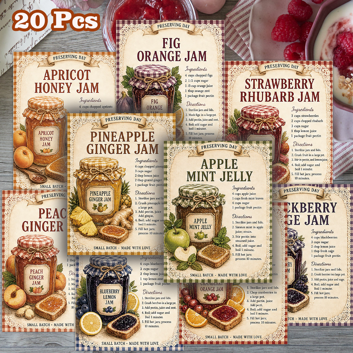 TEMU 20pcs Vintage Jam Recipe Card Postcards - Including Ingredients And Steps, Decor, Baking Gift For Home Enthusiasts, Retro Scrapbook Stationery,