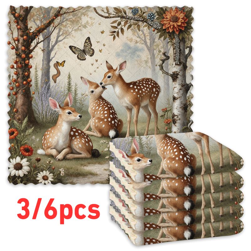 TEMU 3/6pcs Pack Reusable Christmas Deer & Fawn Kitchen Dish Towels - Soft Microfiber-like Cloths, Hand Washable Square Cleaning Rags Animals