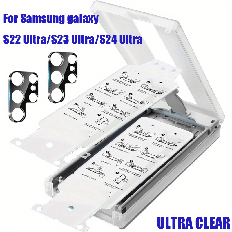 

Protège-écran et protecteur de lentille pour Samsung S22 Ultra/ S23 Ultra/ S24 Ultra, Kit d' automatique, Installation en 3 secondes, bulles, Couverture complète en 3D, aux rayures, Non en verre