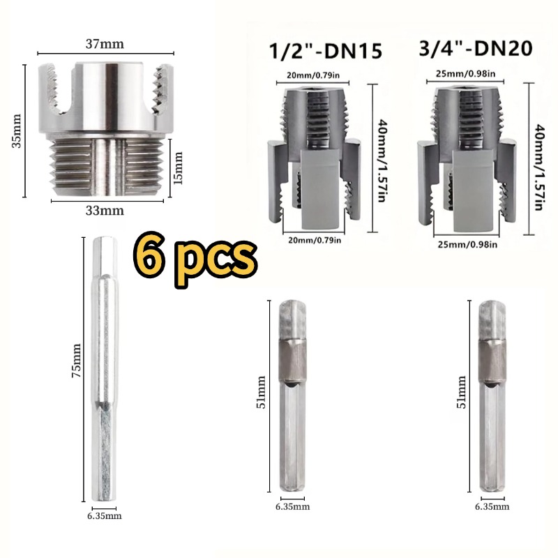 6pcs Dual-function Pipe Threader Set | Suitable For 1/2", 3/4", 1" Pvc/plastic Pipes, Integrated Internal External Threading Tool, Compatible With Drill Pipe Threader Kit, Ideal Christmas Gift For