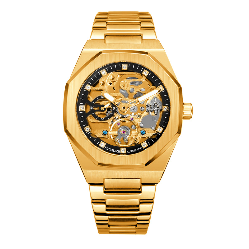 Image of 1pc Of Men's Stylish -shaped Automatic Tourbillon Mechanical Watch With A Yellow And Black Steel Belt, Perfect For Street Fashion, Without Battery