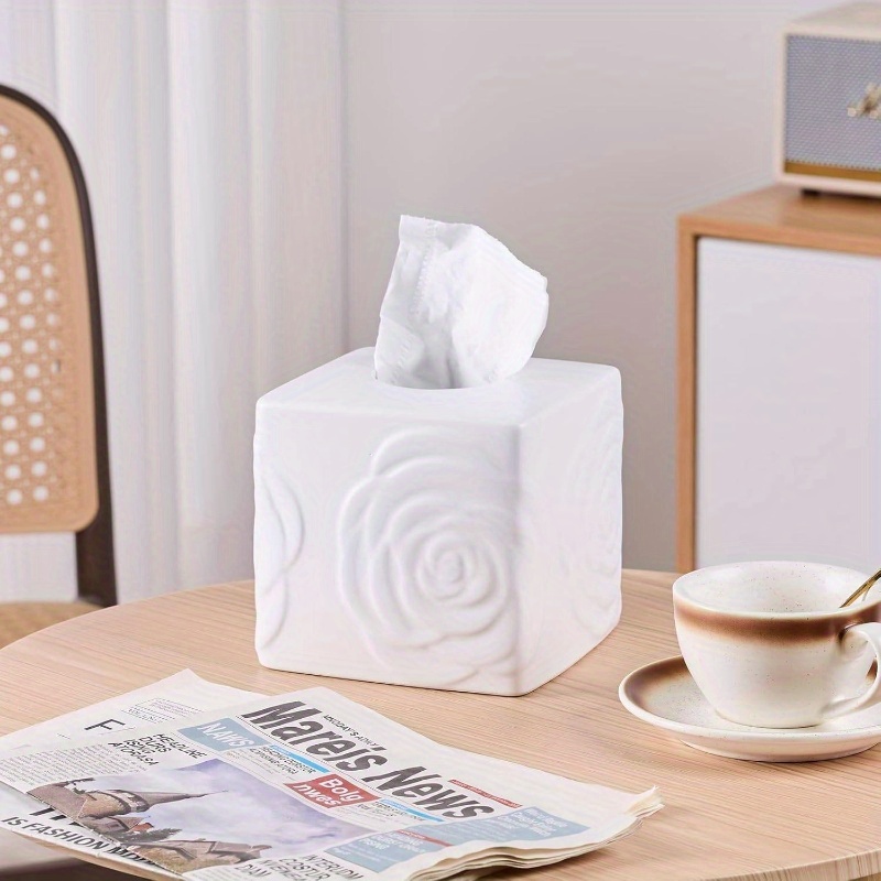 1pc elegant white ceramic tissue box holder with carved lid - large square/rectangular design, decorative lid & sturdy base for bathroom, vanity, kitchen, office - decorative storage for tissues, tissues not included - modern & traditional decor - compatible with cylindrical boxes (compatible with tissue boxes, not tissues) - ceramic tissue box cover with carved rose detailing, decorative tissue box holder, tissue holder bathroom, tissue box with storage, Product details 1