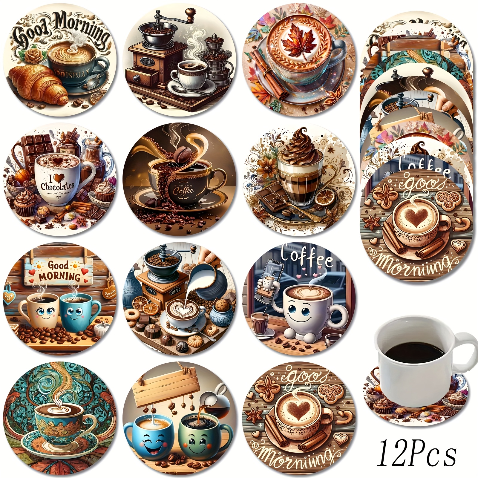 TEMU 12pcs Coffee Series Wooden Coasters, Suitable For Adult And Beginner Home Decor, Gift Coffee Beverage Heat Insulation Coasters