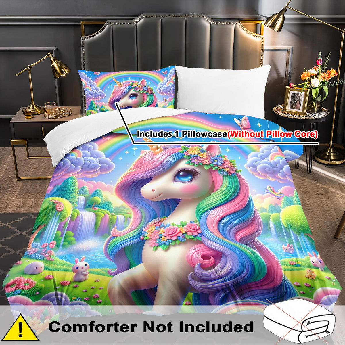 Image of Unicorn Bedding Set Rainbow Horse Duvet Cover Set Animal Comforter Cover Bedroom Decor 2/3pcs 2d Cartoon Flat Printing (includes 1 Duvet Cover + 1/2 Pillowcases )