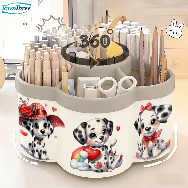 TEMU 2d Flat 1pc Rotating Pen Holder And Cosmetic Storage Box | 3 Cute Illustrations - 360° Rotating Convenient Desktop Storage Box | Large Capacity