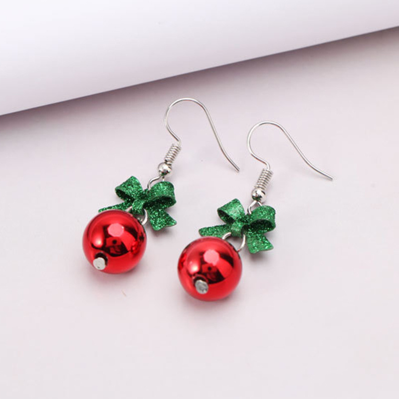 Long Green Bow Red Circle Earrings, Christmas Ornament Gift