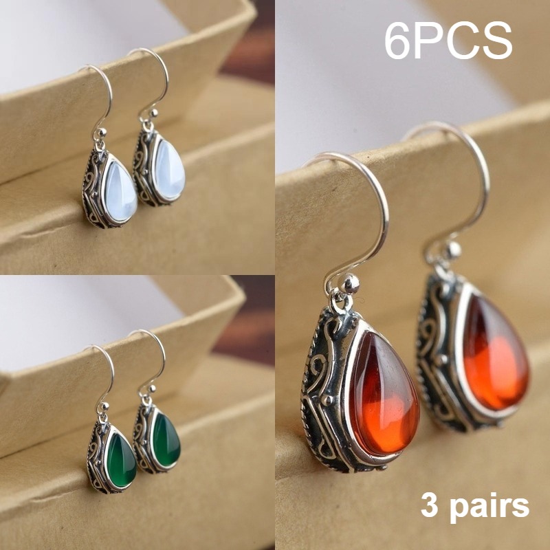 TEMU 3 Pairs (6pcs) Bohemian Retro Green Teardrop Earrings Suitable For & - Synthetic Gems Pendant Dangle Earrings, Multi-use For Casual Wear,