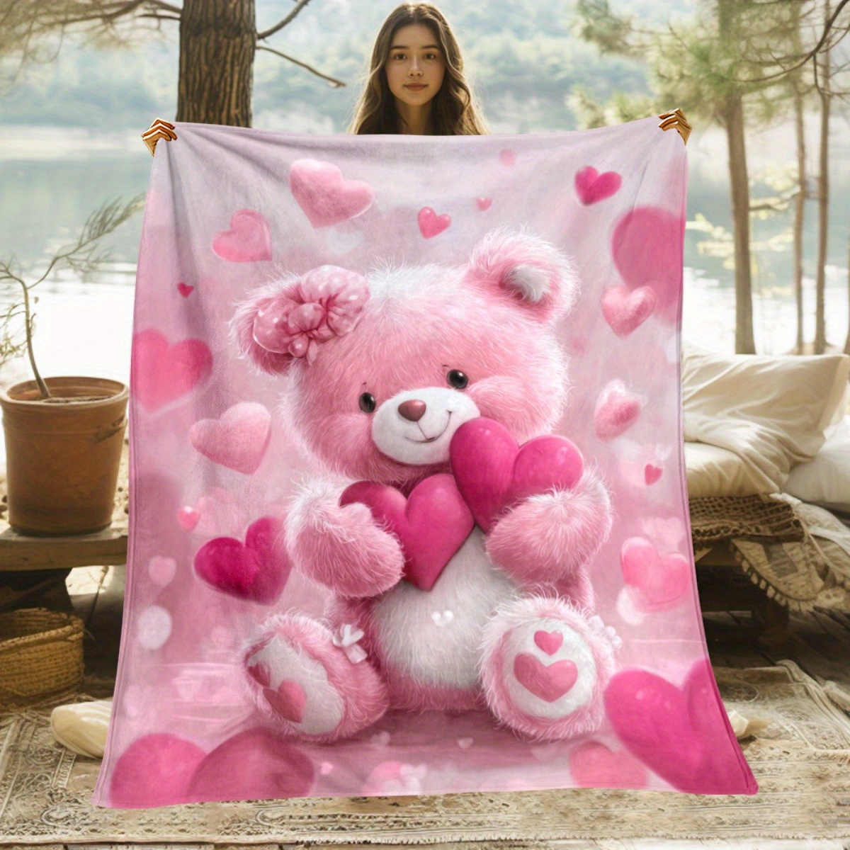TEMU Single Piece Of A Bear Blanket Featuring A 2d Flat Print - A Lightweight Flannel Throw With Heart Designs, Providing And Warmth For Various