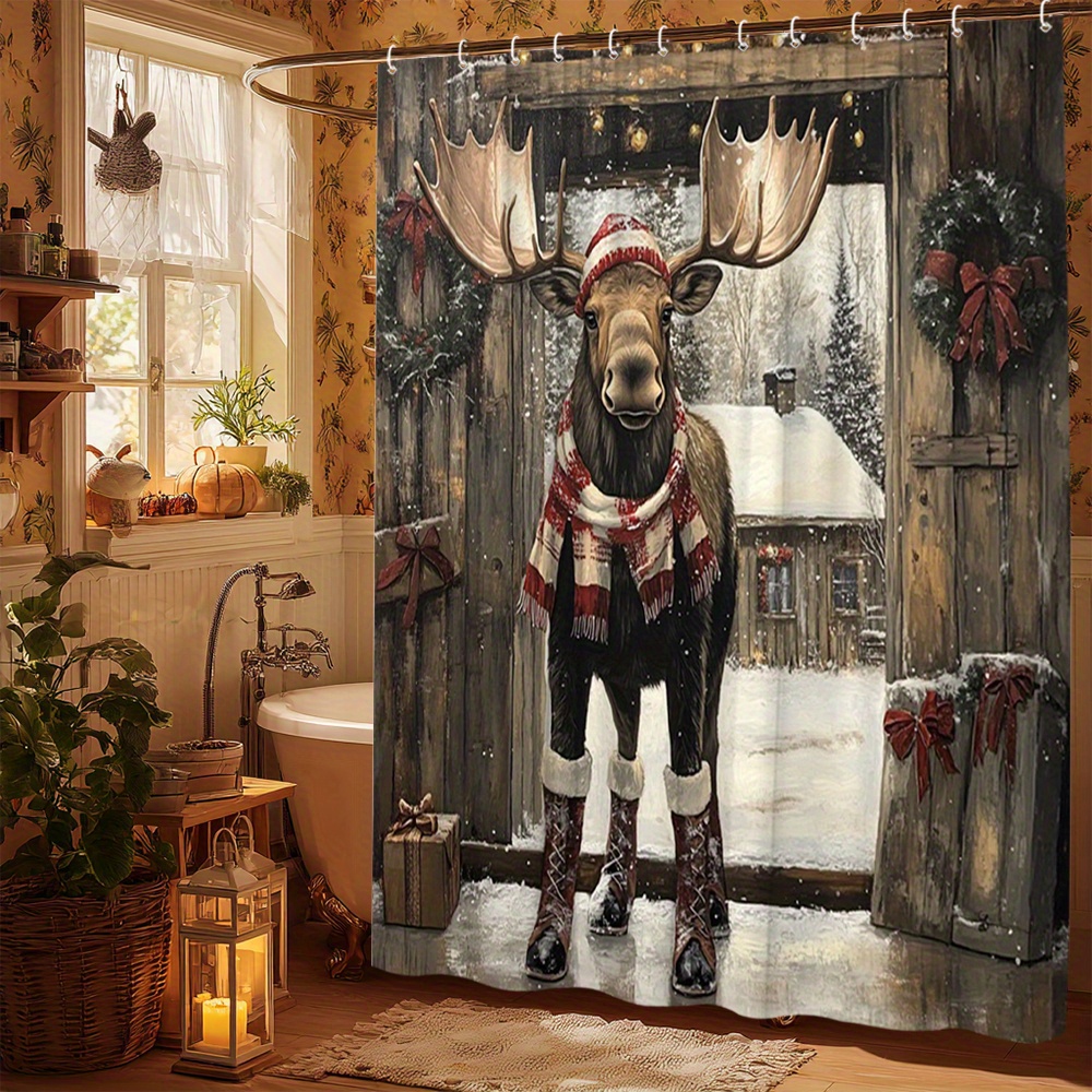 TEMU 1 rideau de douche de Noël Élan avec écharpe et bottes Décor de salle de bain Pays des Rideau de douche de séparation 70,8x70,8 pouces avec 12