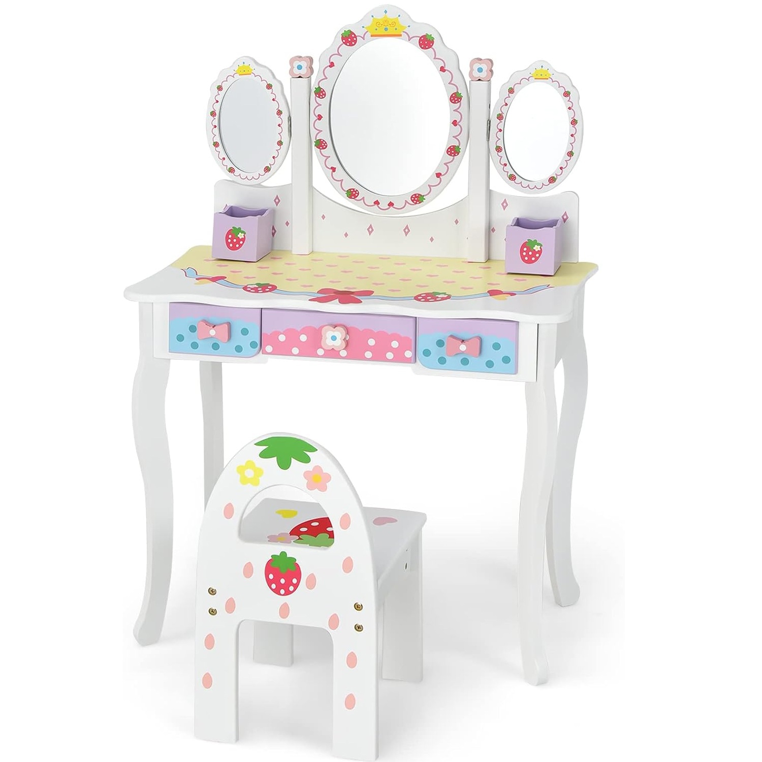 Image of Kids Wood Vanity Table And Chair Set With Detachable Mirror & Storage Drawers - 2-in-1 Dressing Table, Tri-folding Mirror Suitable For, Makeup Station, Furniture, Assembly