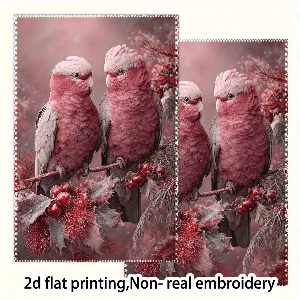 TEMU 2pcs Large Size 16*24inch Cleaning Cloth- Pink Gray Australian Parrot Floral Branch Pattern Tea Towel- Absorbent Polyester Kitchen Dishwashing