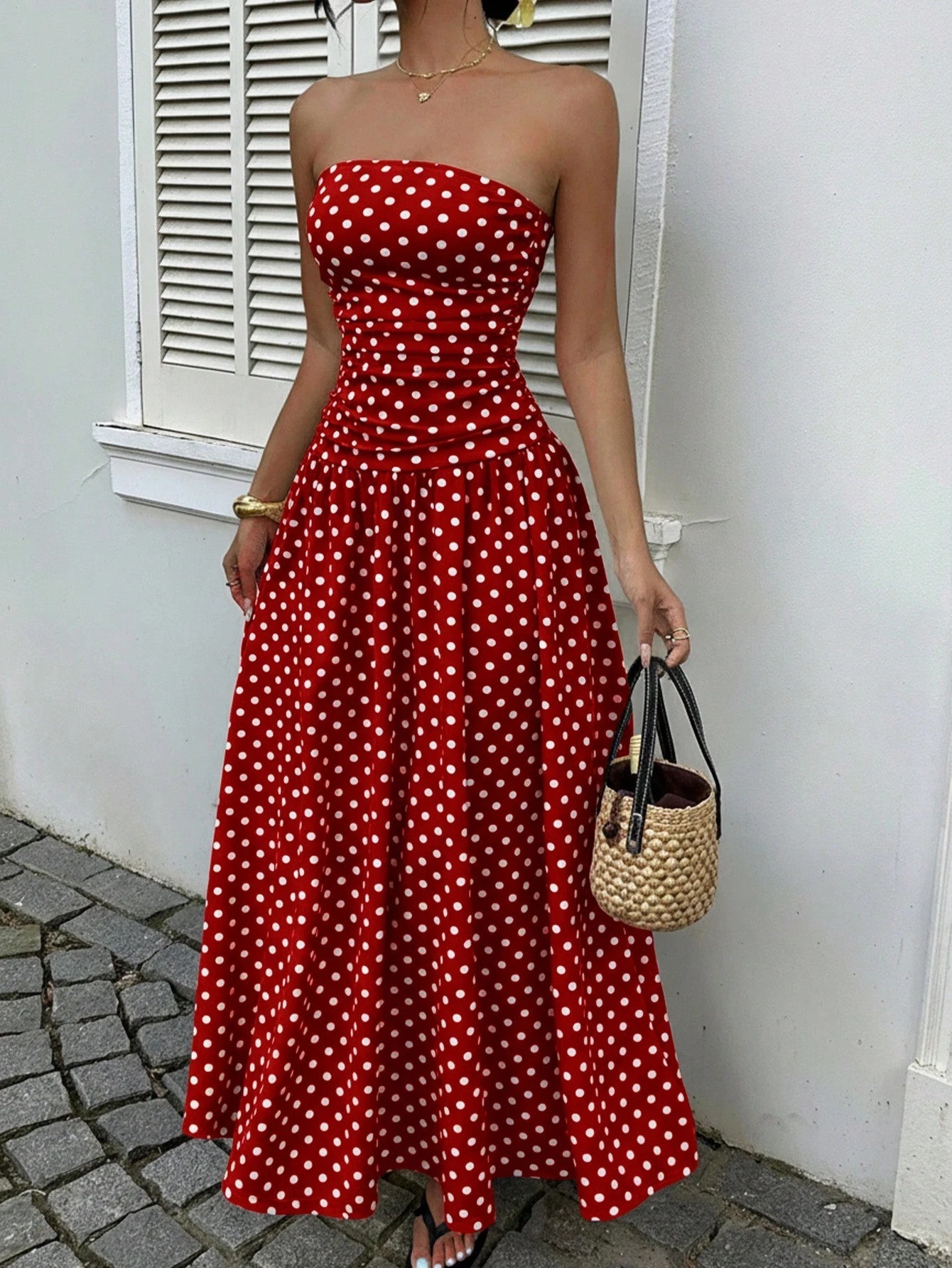 Womens Strapless Polka Dot Maxi Dress Summer Flowy Casual Beach Dress  Elegant Tube Top Sleeveless Long Dress High Waist A Line Sundress Vacation  Outfit for Women White Black Red Blue Color Options