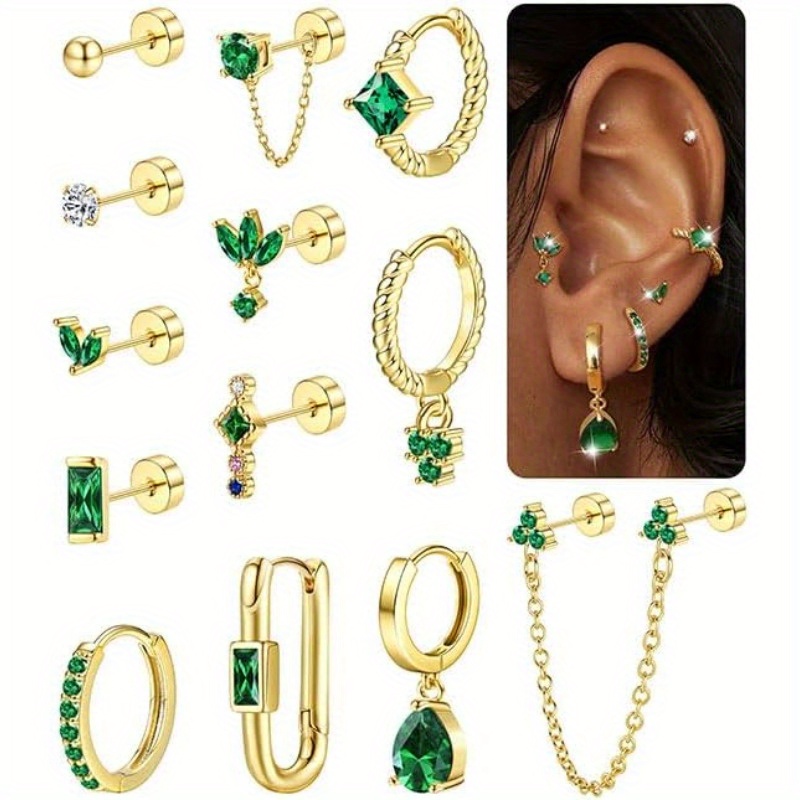 Image of 2d Flat - 13pcs Stainless Steel Flat Back Earrings Set For Women 14k Golden Plating Cartilage Earring Lightweight Dainty Stud Earrings Piercing Jewelry Hypoallergenic