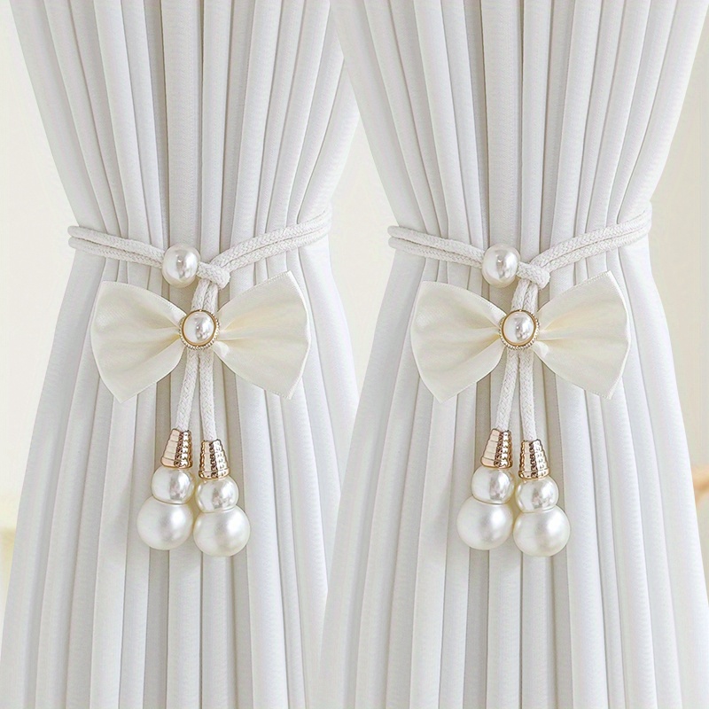 TEMU de rideaux élégants 2 pièces en fausses perles, anneaux de rideaux réglables avec nœuds mignons, décoration de rideaux, convient pour chambre,