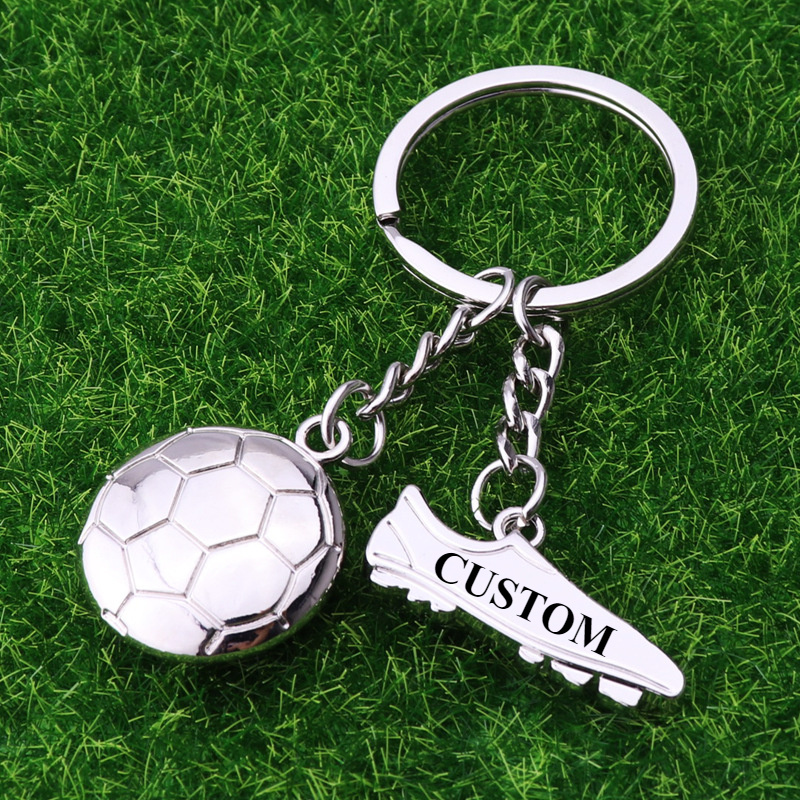 Image of Customizable Soccer Keychain, Sports Theme Metal Keyring With Split Ring, Round Shape, With Football And Shoe Charms, For Fan Souvenir Gift, Soccer And European Cup