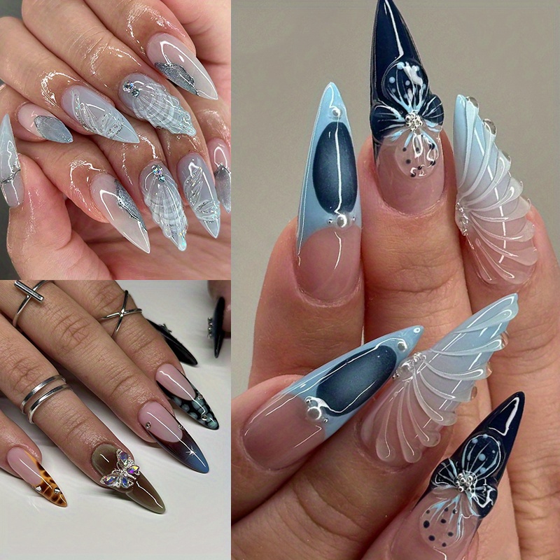 TEMU 72pcs 3pcs Of Long Almond-shaped Press-on Nails - With 3d Flower Water Ripple Decoration, Shiny Complete Set Of Nails, Durable Fake Nails, With